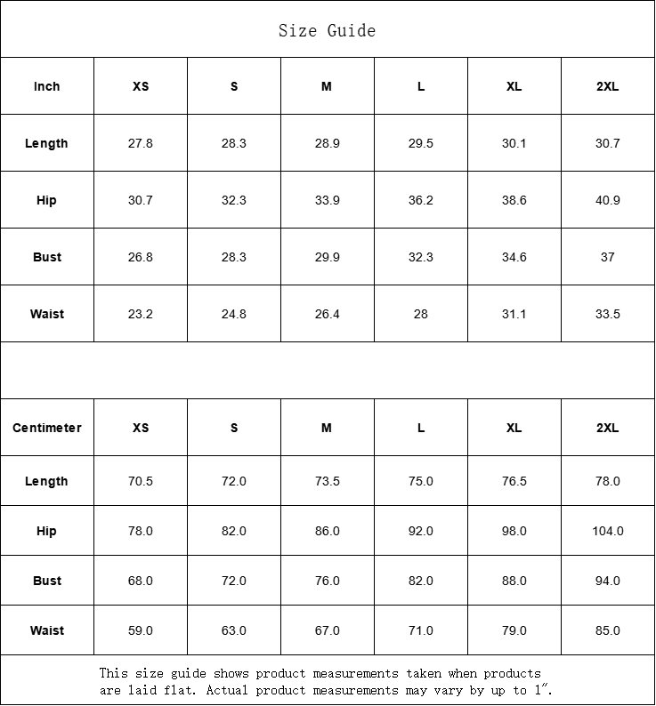 Size guide for women's clothing, showing measurements in inches and centimeters for XS to 2XL sizes.