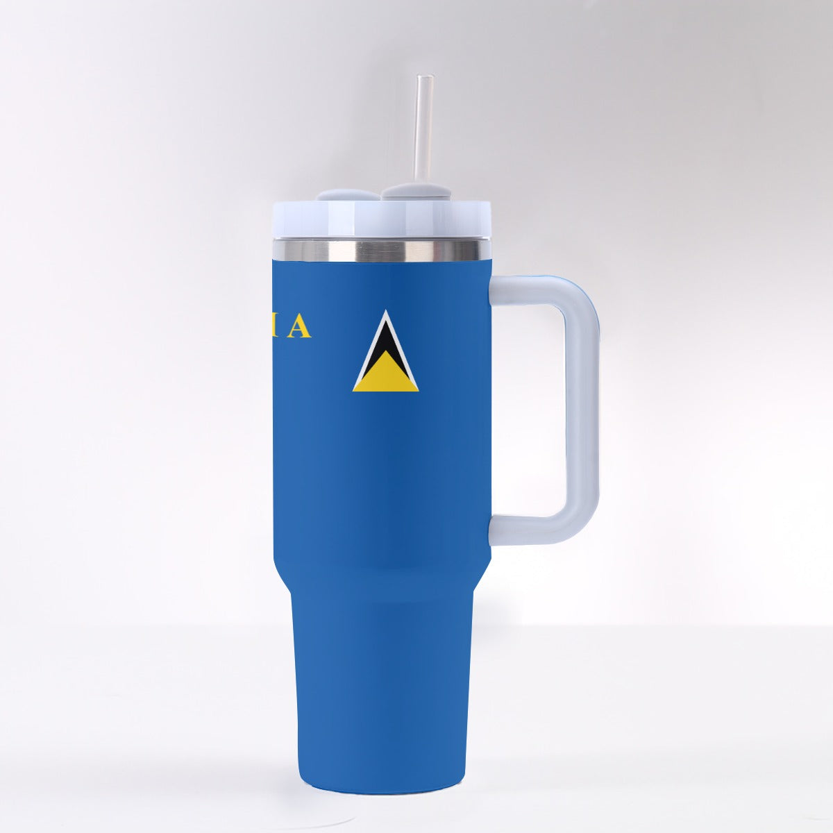 40 oz blue tumbler with handle, straw, and leak-proof lid, perfect for hot and cold beverages, fits in car cup holders.