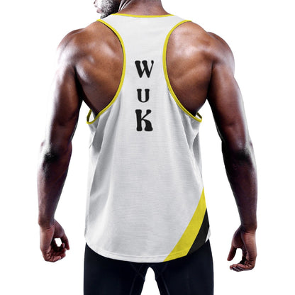 WUK Men's Slim Y-Back Muscle Tank Top White with yellow trim-Fete Massive