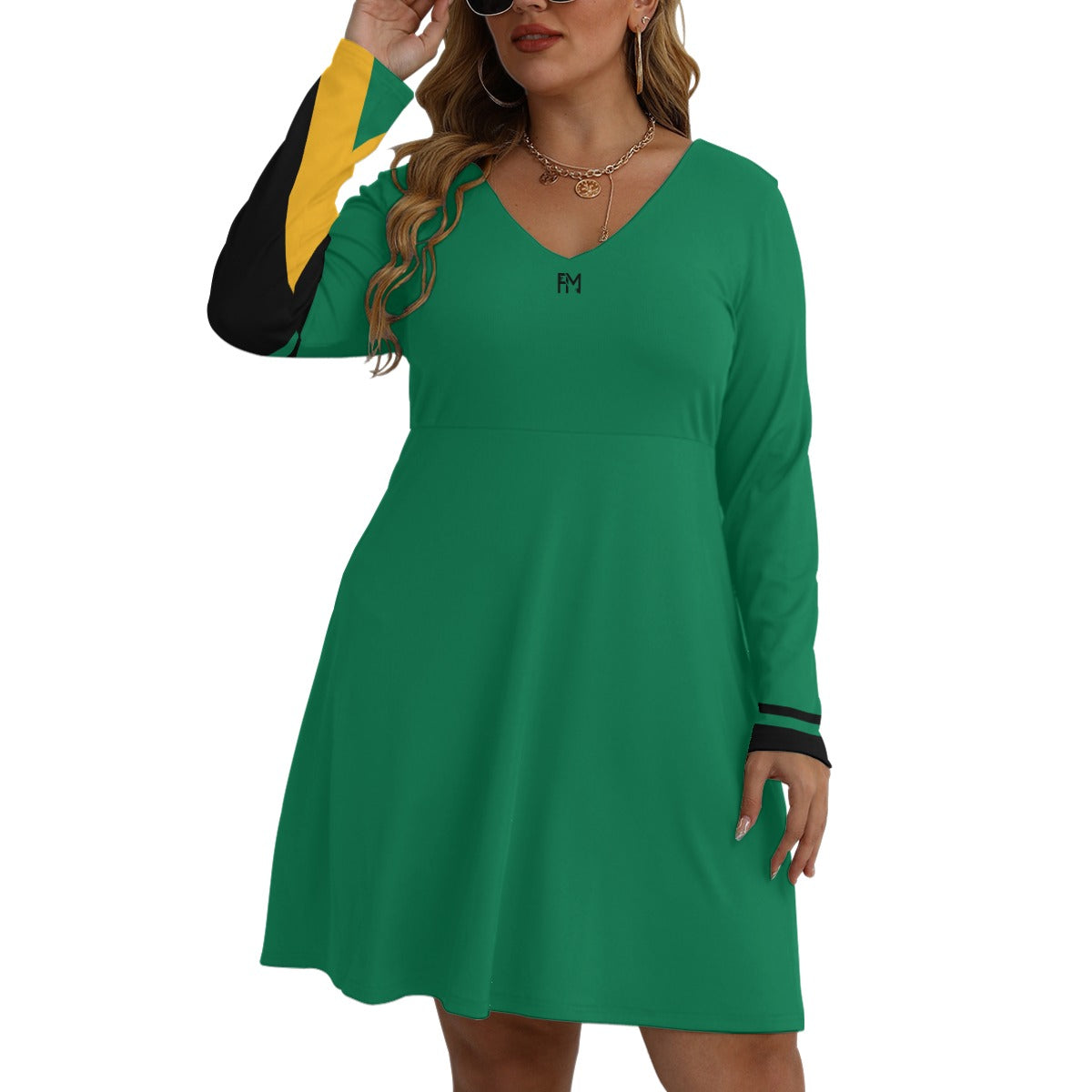V-neck Long Sleeve Dress(Plus Size)