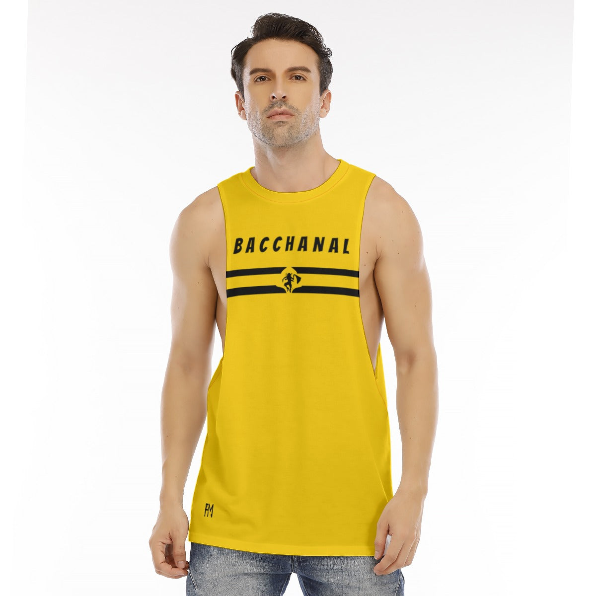 Men's yellow sleeveless tank top with Bacchanal logo and striped design for summer wear.