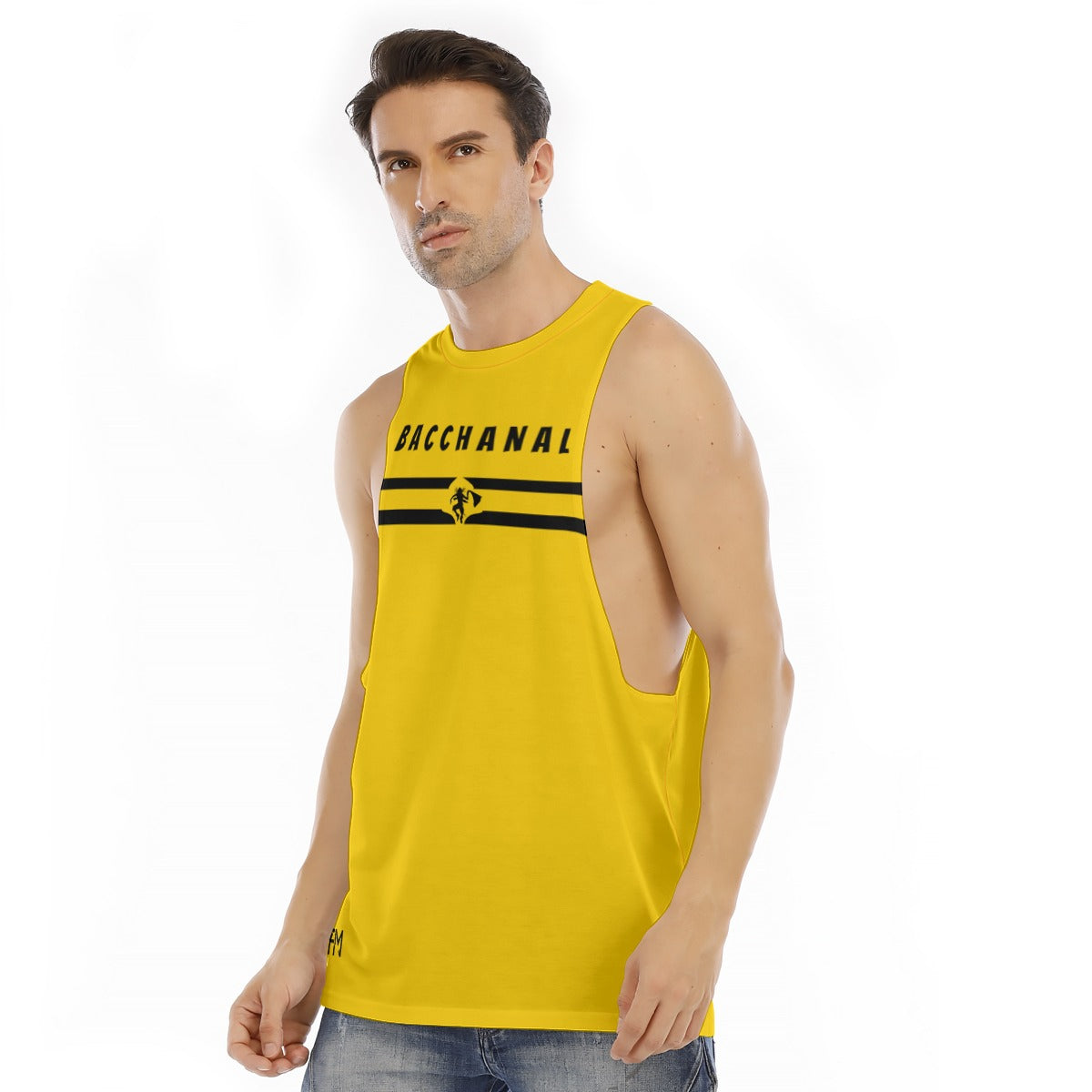 Men's yellow sleeveless tank top with graphic print, ideal for summer activities and gym wear.