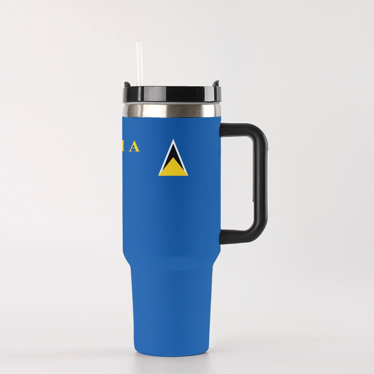 Blue 40 oz tumbler with handle, straw, and leak-proof lid, suitable for car cup holders.