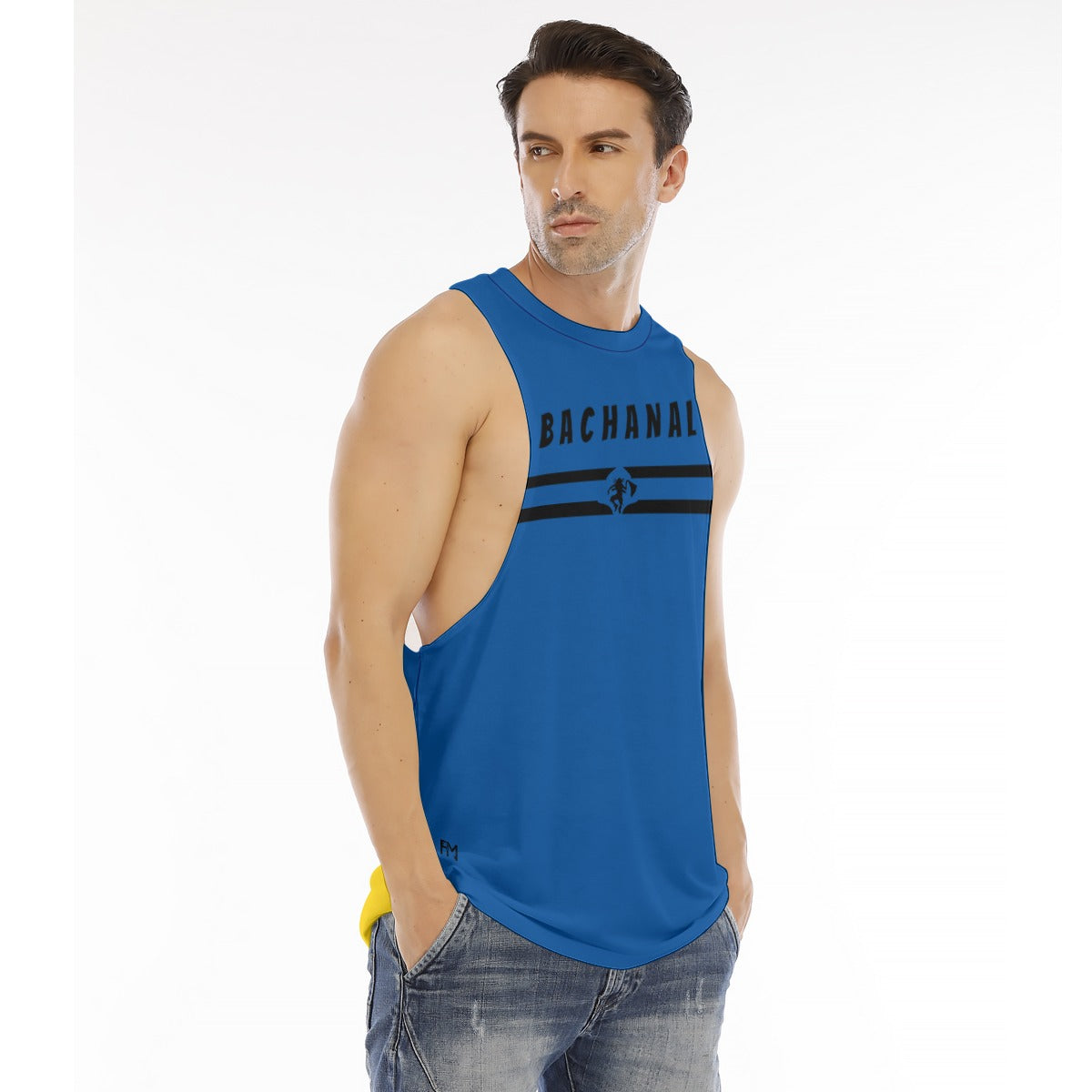 Men's blue O-neck long tank top with black lettering, perfect for casual wear and active lifestyles.