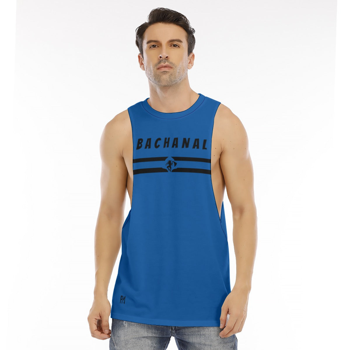 Men's blue O-neck long tank top featuring sleeveless design and stylish graphic. Ideal for activewear and casual outings.