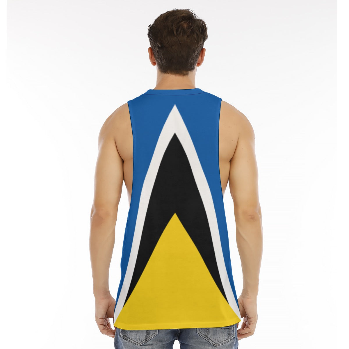 Men's O-neck long tank top in blue with bold black and yellow geometric design, showcasing a sleeveless style.