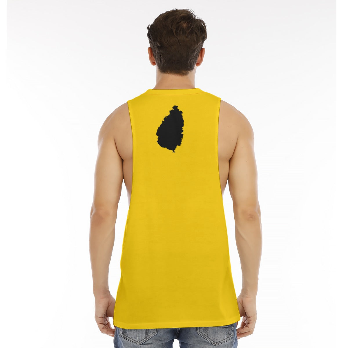Men's yellow O-neck long tank top featuring a unique black design on the back, perfect for casual wear.