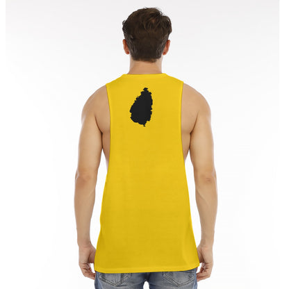 Men's yellow O-neck long tank top featuring a unique black design on the back, perfect for casual wear.