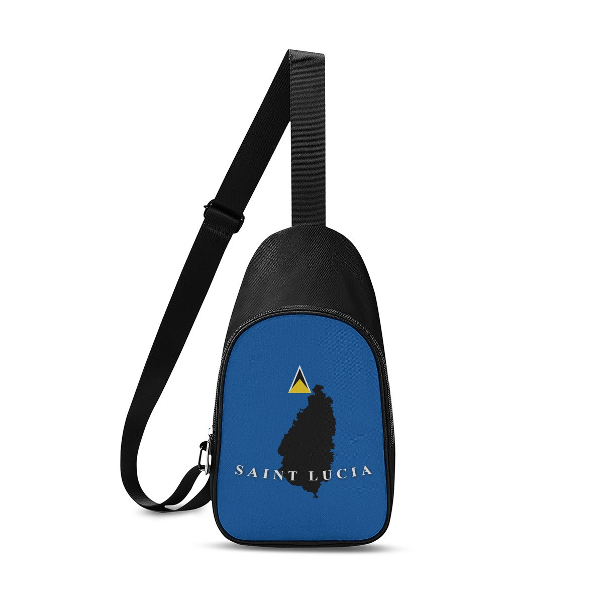 Classic chest bag with Saint Lucia graphic, blue background, adjustable strap, perfect for carrying essentials.