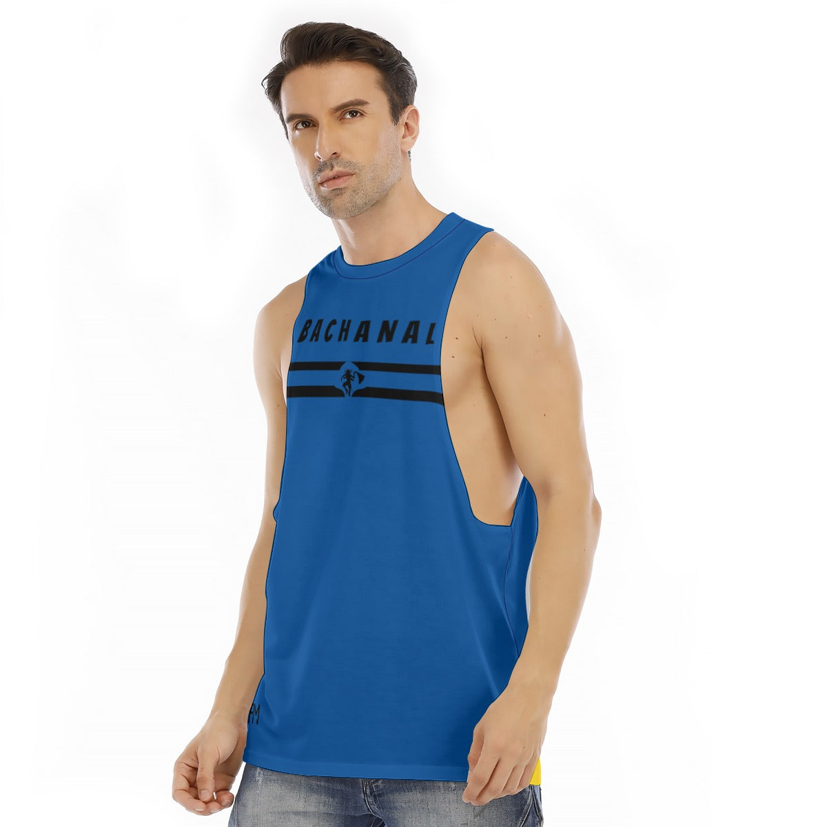 Men's blue sleeveless tank top with logo, perfect for casual wear and workouts, highlighting comfort and breathability.