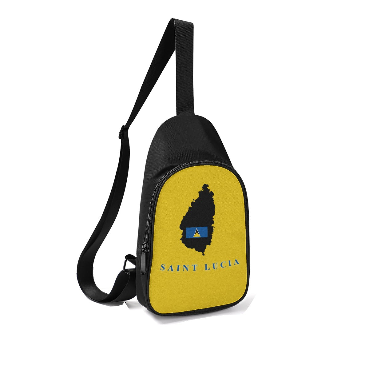 Black adjustable chest bag with Saint Lucia map design and yellow background, perfect for travel and daily use.