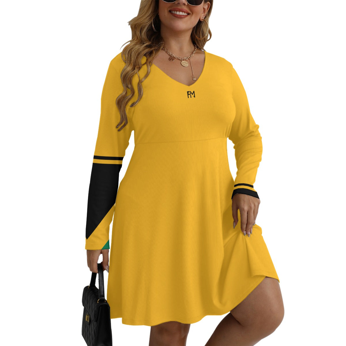 Women's V-neck Long Sleeve Dress(Plus Size)
