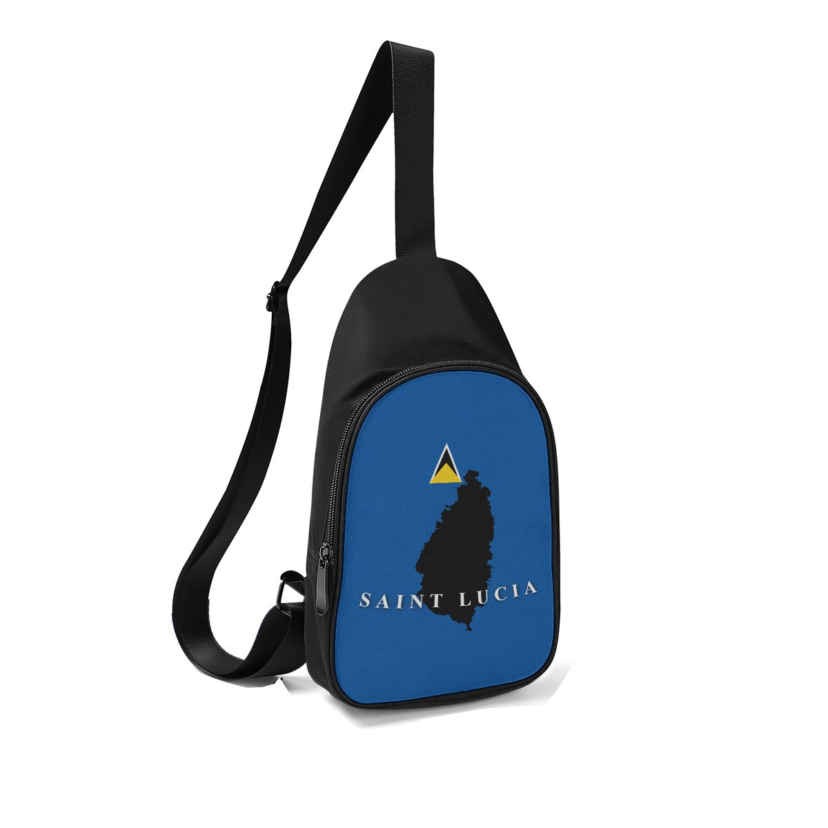 Black and blue chest bag featuring Saint Lucia design with adjustable strap and zipper closure.