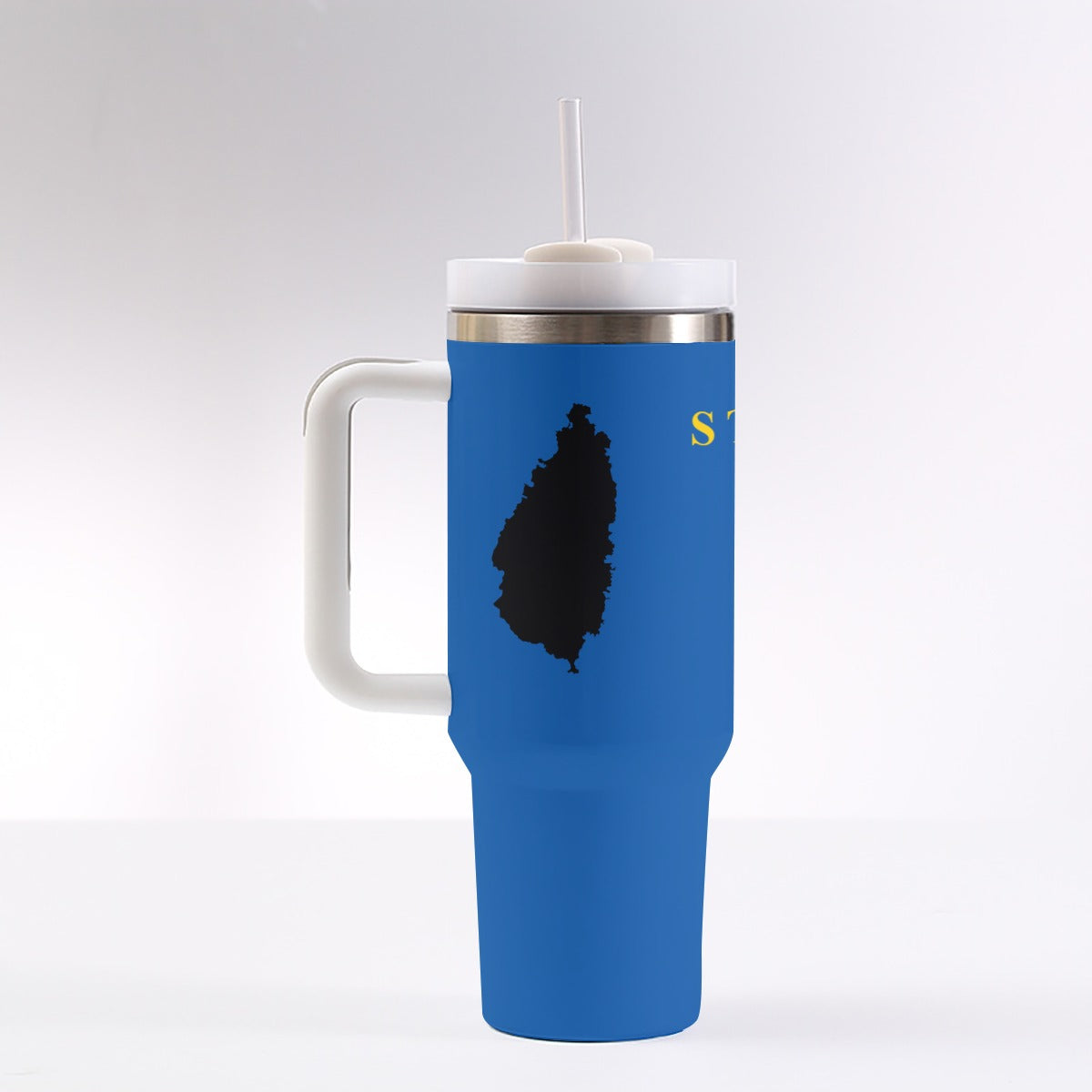 Blue 40 oz tumbler with handle, silicone lid, reusable straw, and stainless steel inner tank for insulation.