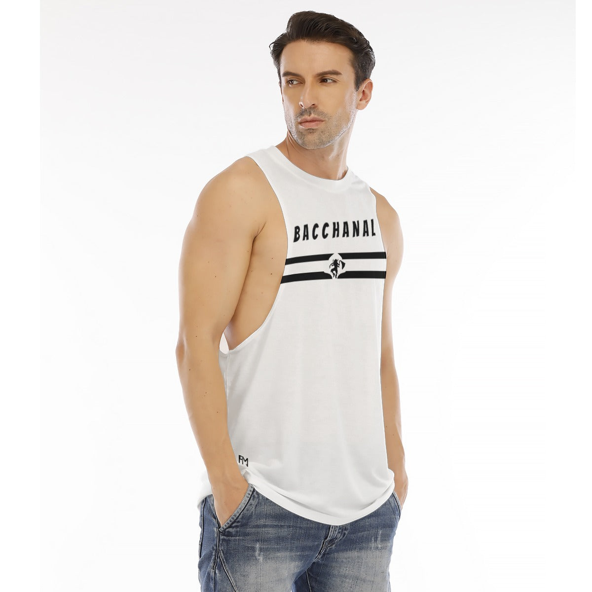Men's white sleeveless O-neck tank top with BACCHANAL print, perfect for casual wear and workouts.