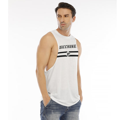 Men's white sleeveless O-neck tank top with BACCHANAL print, perfect for casual wear and workouts.