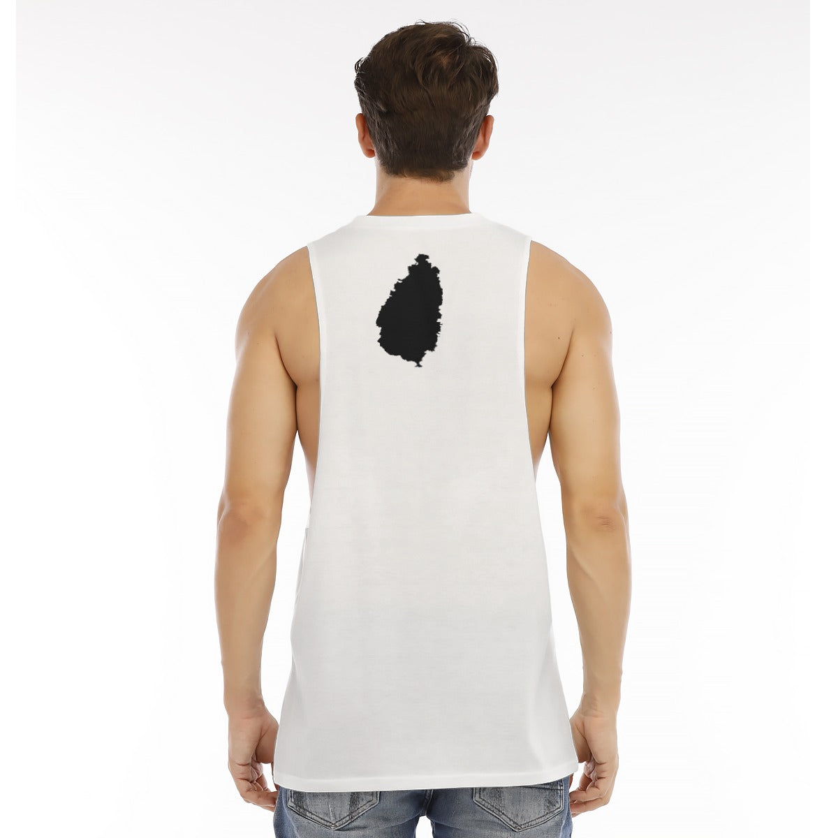 Men's O-neck long tank top in white with stylish black design on the back, showcasing a comfortable sleeveless fit.