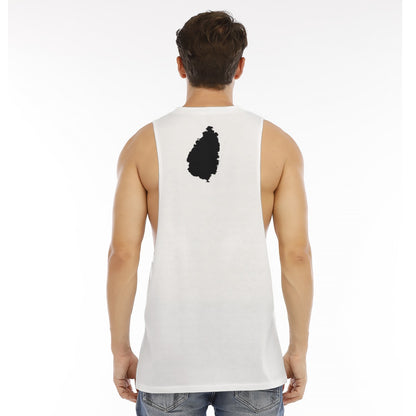 Men's O-neck long tank top in white with stylish black design on the back, showcasing a comfortable sleeveless fit.