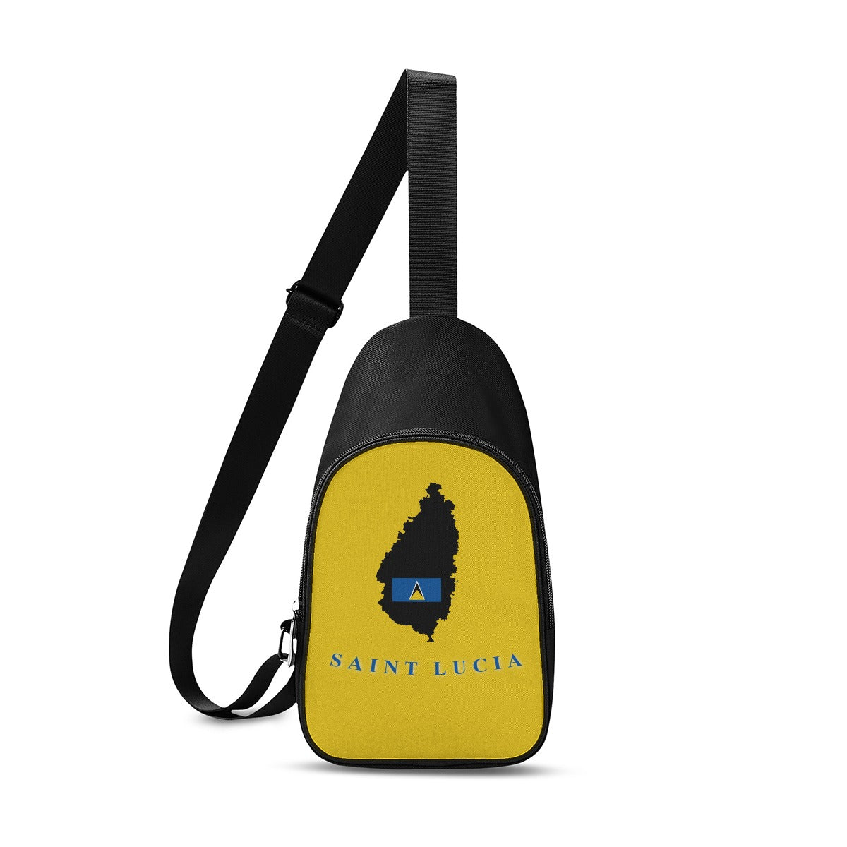 Black chest bag with Saint Lucia print, adjustable shoulder strap, ideal for carrying essentials on the go.
