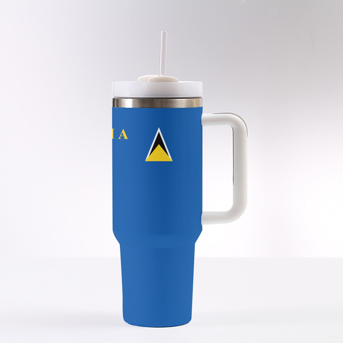 40 oz tumbler with handle, blue design, silicone lid, reusable, fits in car cup holders, stainless steel thermal insulation.
