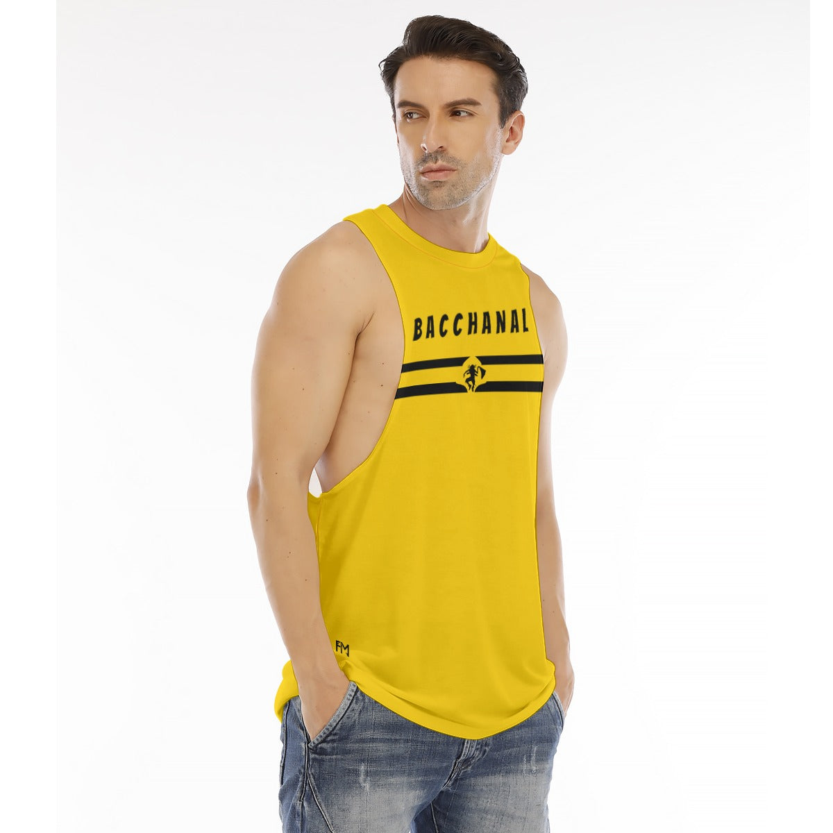 Men's yellow O-neck long tank top with 'BACCHANAL' print, perfect for summer with a casual style.