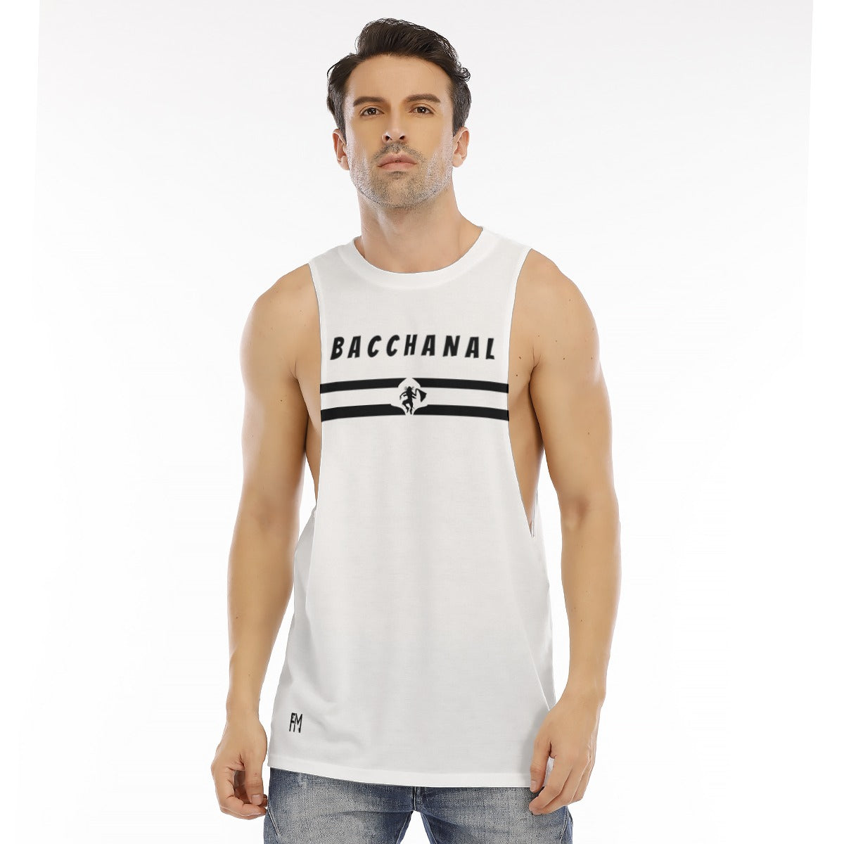 Men's O-neck long tank top in white with 'Bacchanal' print, lightweight and soft for ultimate comfort.