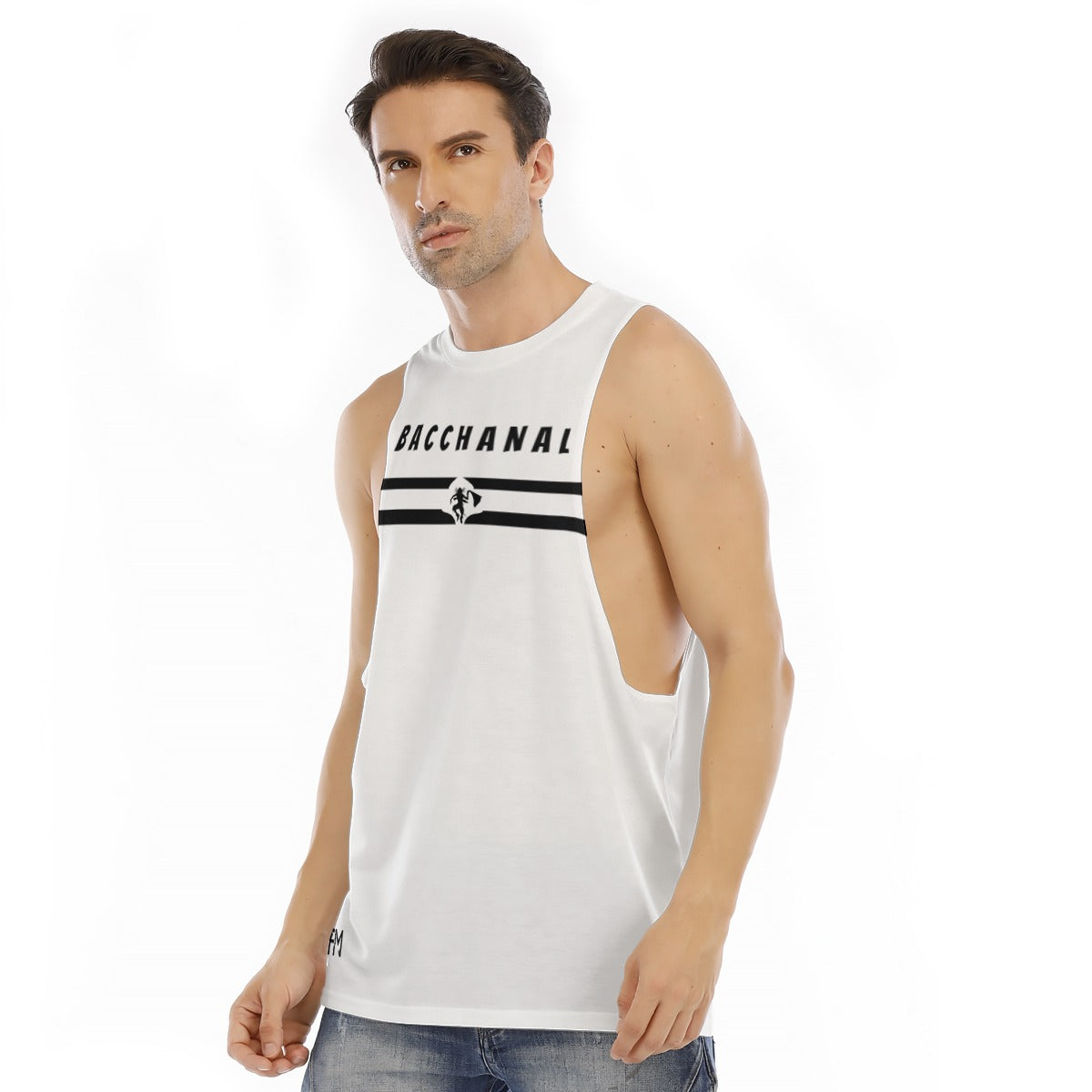 Men's O-neck long tank top in white, featuring a bold BACCHANAL graphic and sleeveless design for a stylish look.