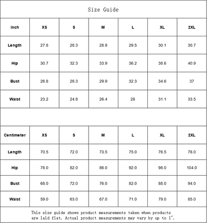 Size guide for women's clothing, showing measurements in inches and centimeters for XS to 2XL sizes.
